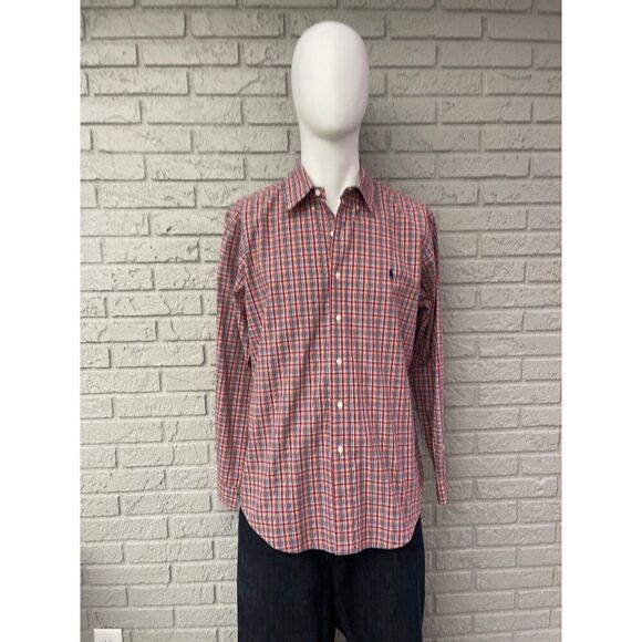 Ralph Lauren Men Custom Fit Red Stripe Plaid Button Down Long Sleeve Shirt Size - Picture 1 of 9